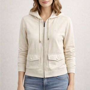 Lauren Ralph Lauren Cotton Blend Zip-Up Sweater Hoodie Size S Ivory Cream Chic